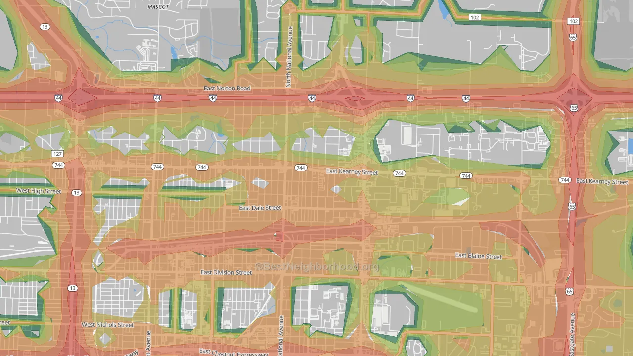 Robberson, Springfield, MO Map of Noise Levels in Robberson