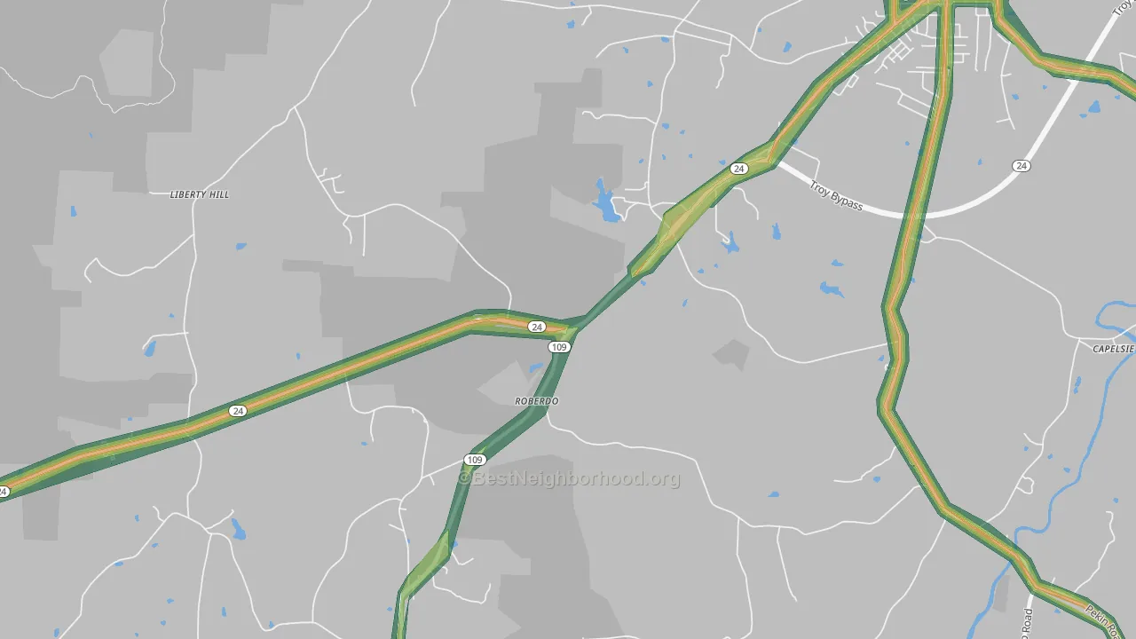 Roberdo, NC Map of Noise Levels in Roberdo