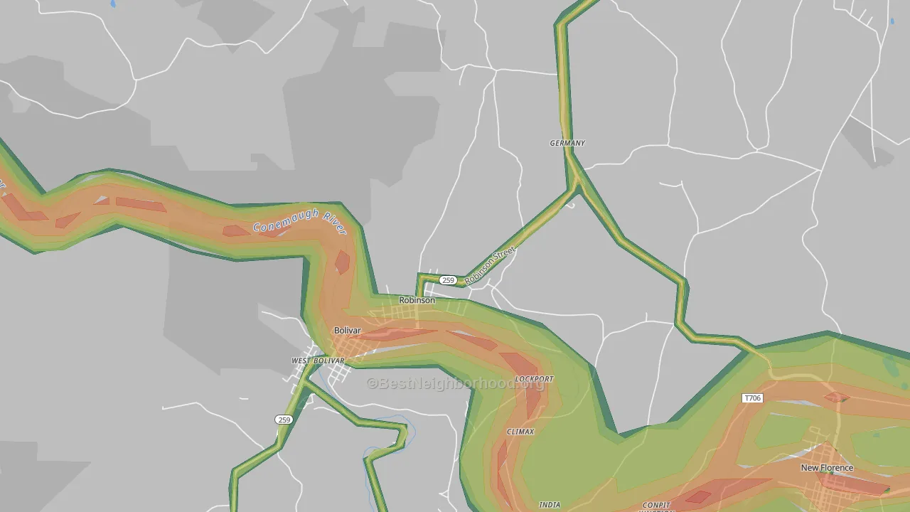 Robinson, PA Map of Noise Levels in Robinson