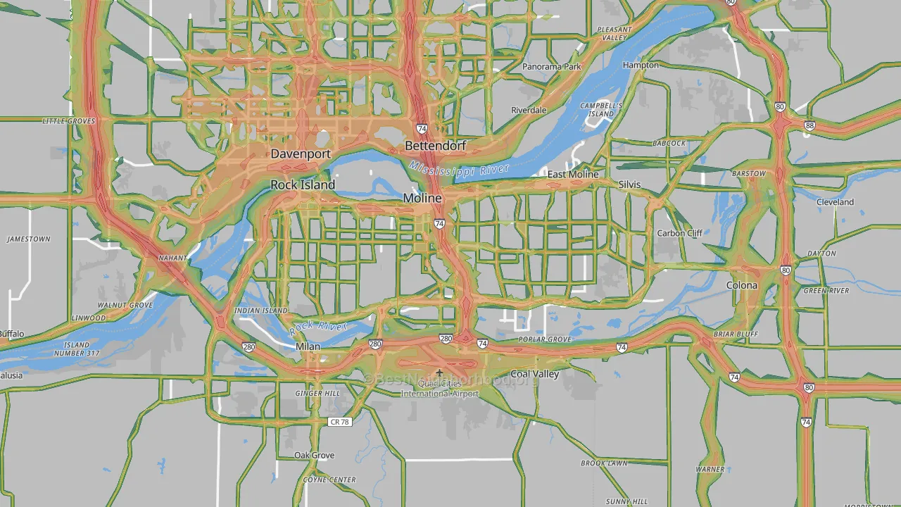 Rock Island County, IL Map of Noise Levels in Rock Island County