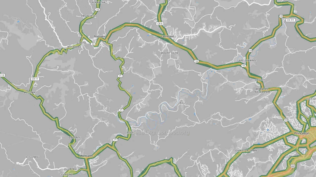 Rock, WV Map of Noise Levels in Rock