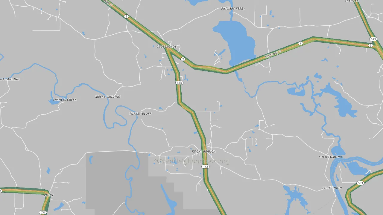 Rocky Branch, LA Map of Noise Levels in Rocky Branch
