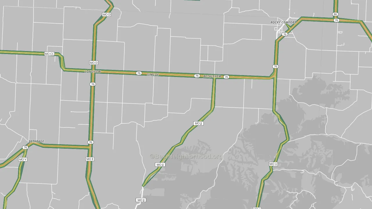 Rocky Comfort, MO Map of Noise Levels in Rocky Comfort