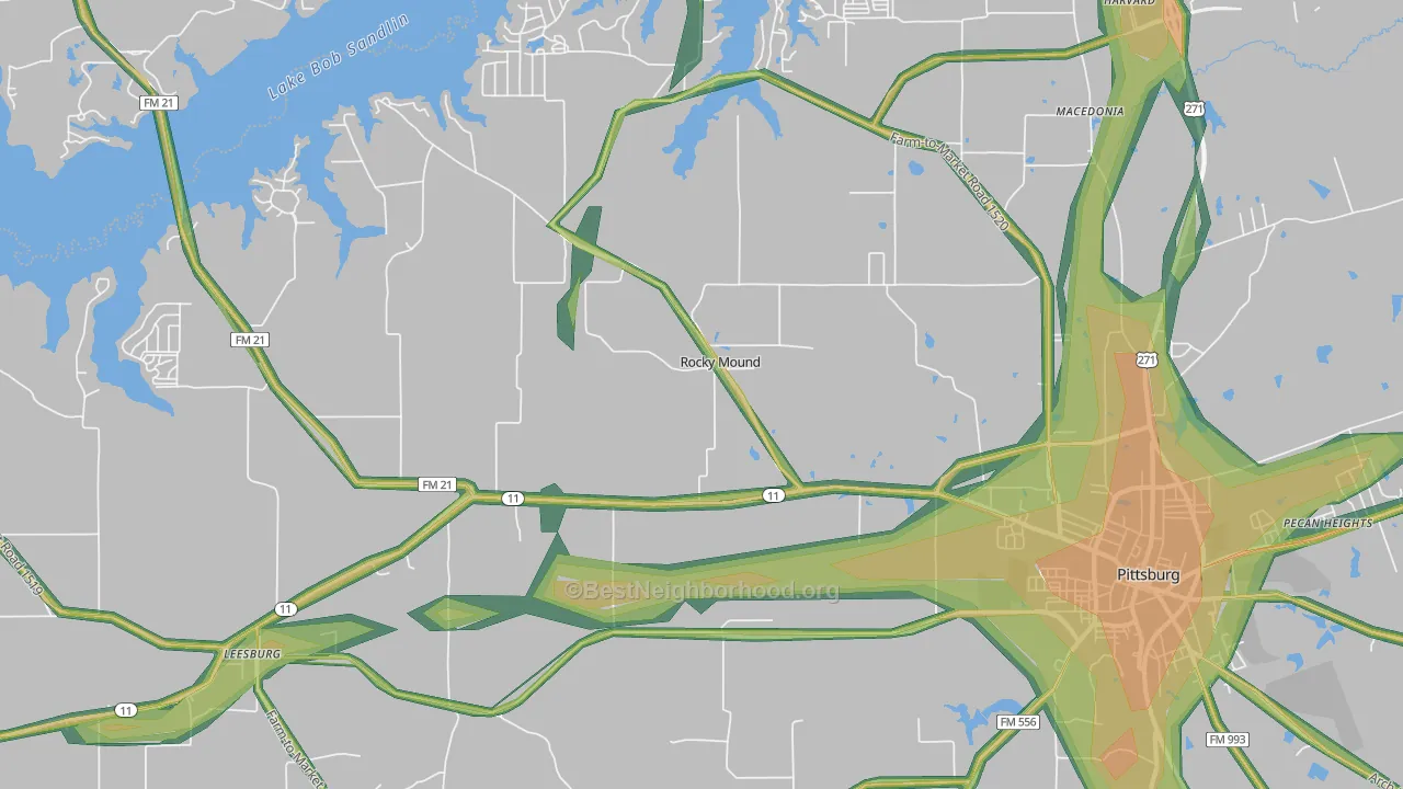 Rocky Mound, TX Map of Noise Levels in Rocky Mound