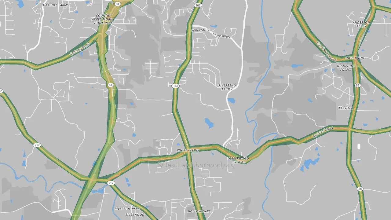 Rocky Plains, GA Map of Noise Levels in Rocky Plains