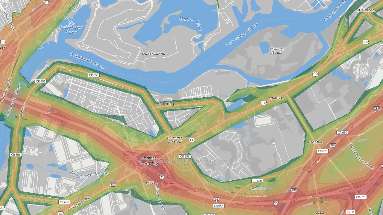Roebling, NJ Map of Noise Levels in Roebling