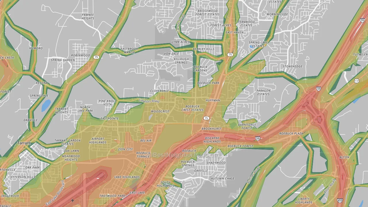 Roebuck, Birmingham, AL Map of Noise Levels in Roebuck