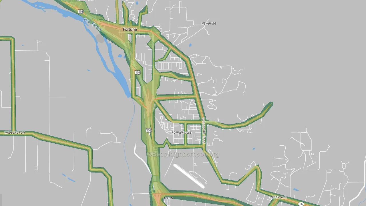 Rohnerville, Fortuna, CA Map of Noise Levels in Rohnerville
