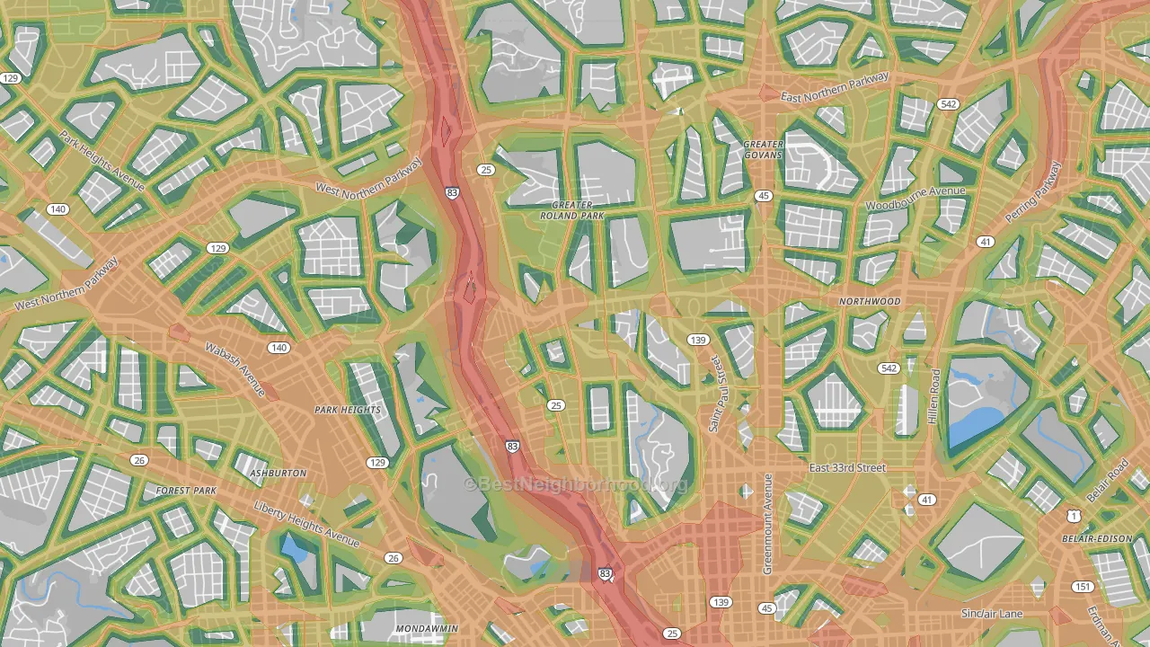 Roland Park-Homewood-Guilford, Baltimore, MD Map of Noise Levels in Roland Park-Homewood-Guilford