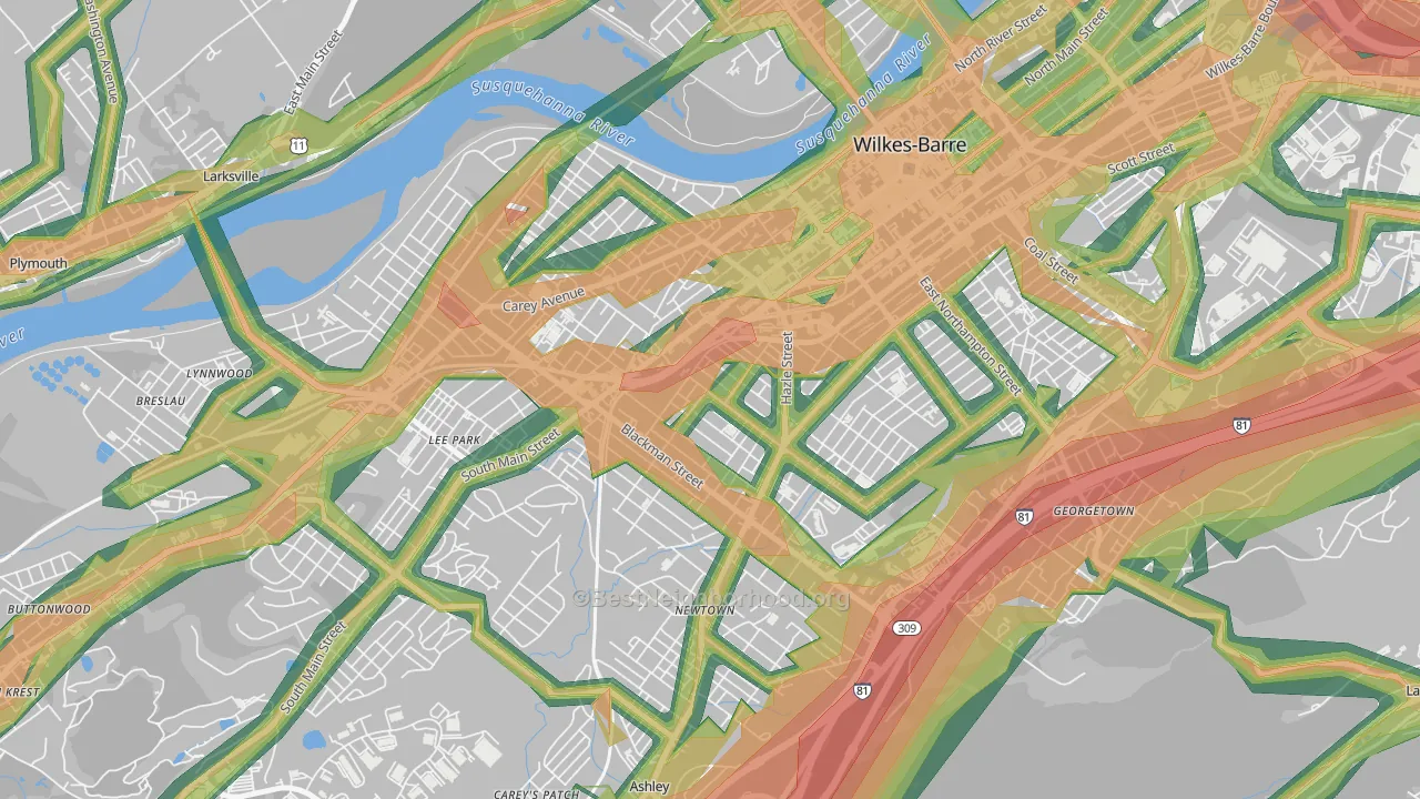 Rolling Mill Hill, Wilkes-Barre, PA Map of Noise Levels in Rolling Mill Hill
