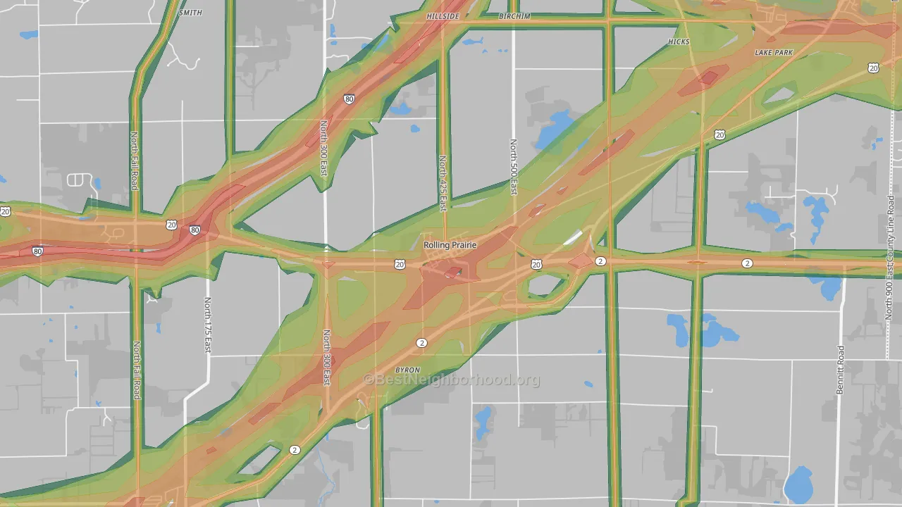 Rolling Prairie, IN Map of Noise Levels in Rolling Prairie