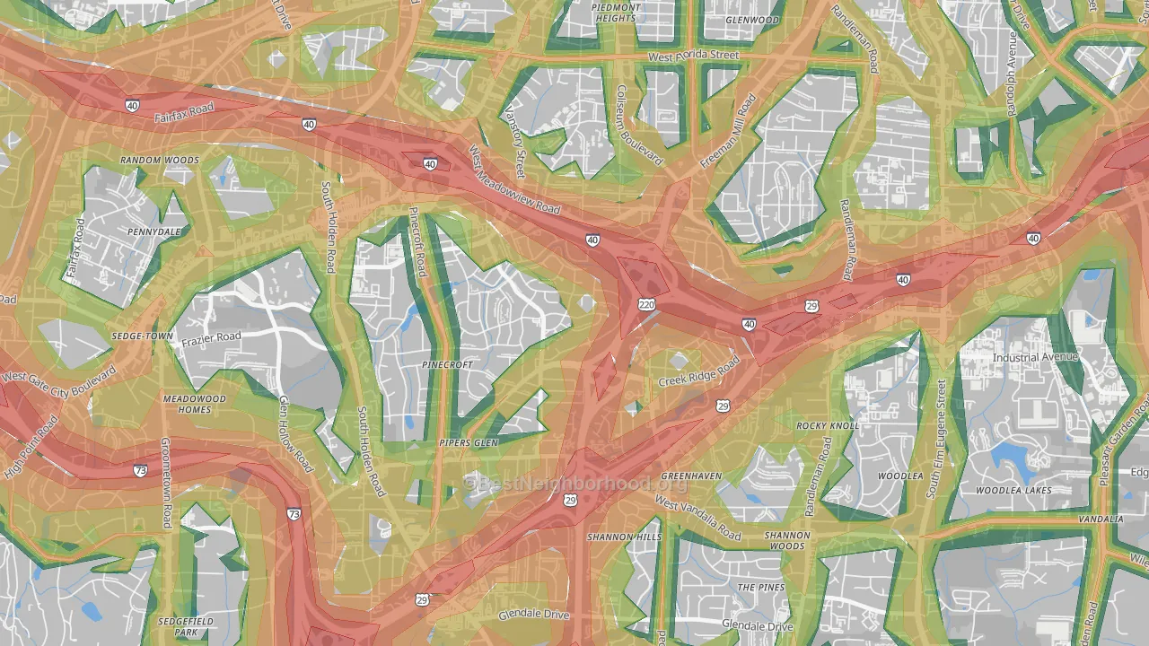 Rolling Roads, Greensboro, NC Map of Noise Levels in Rolling Roads