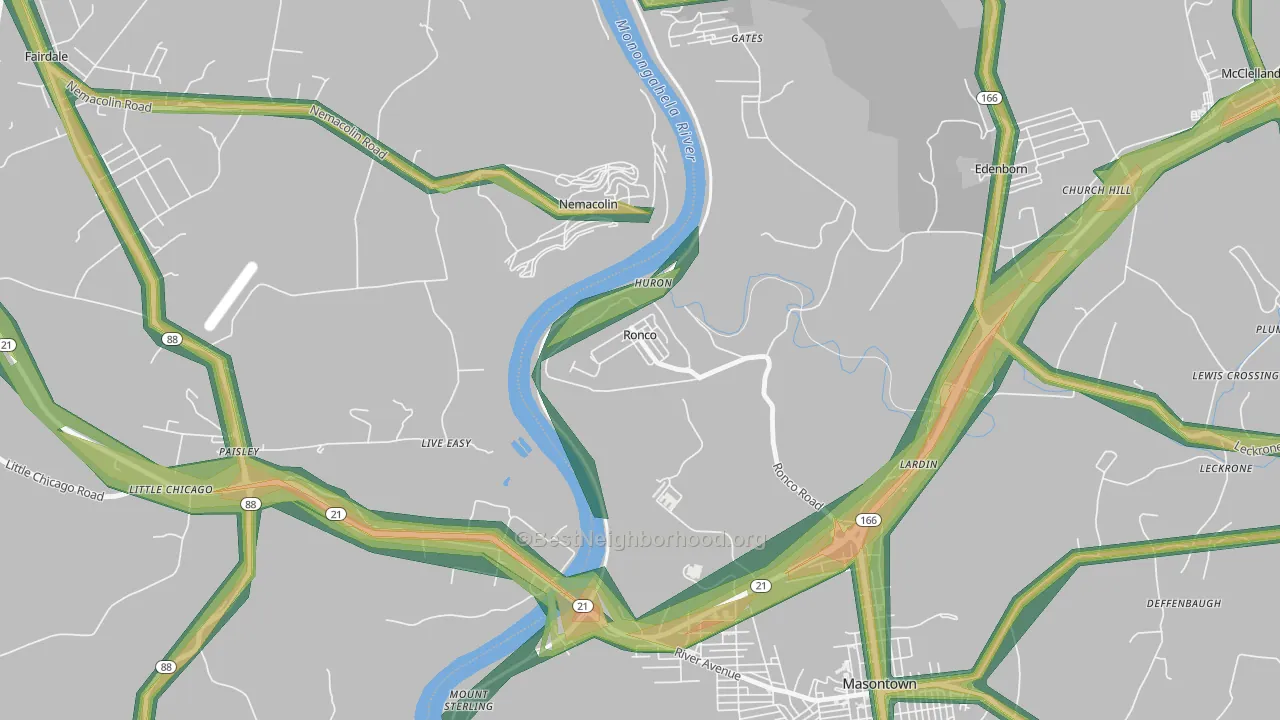 Ronco, PA Map of Noise Levels in Ronco