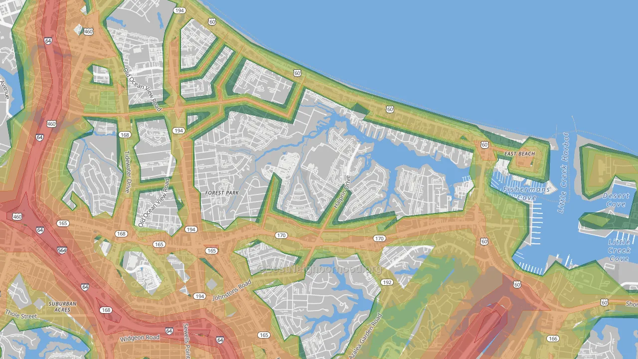 Roosevelt Gardens Area, Norfolk, VA Map of Noise Levels in Roosevelt Gardens Area