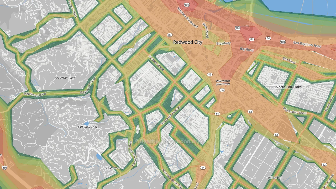 Roosevelt-San Francisco, Redwood City, CA Map of Noise Levels in Roosevelt-San Francisco