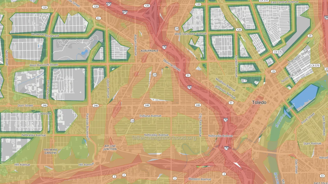 Roosevelt-Toledo, Toledo, OH Map of Noise Levels in Roosevelt-Toledo