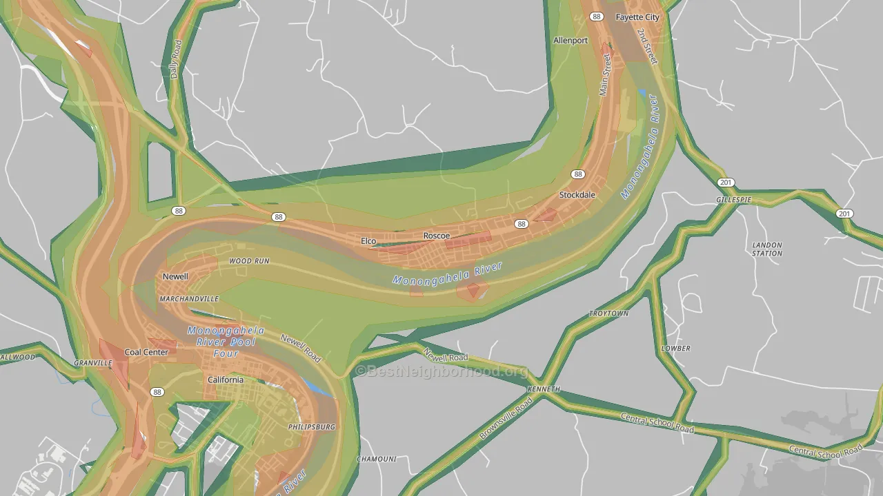 Roscoe, PA Map of Noise Levels in Roscoe