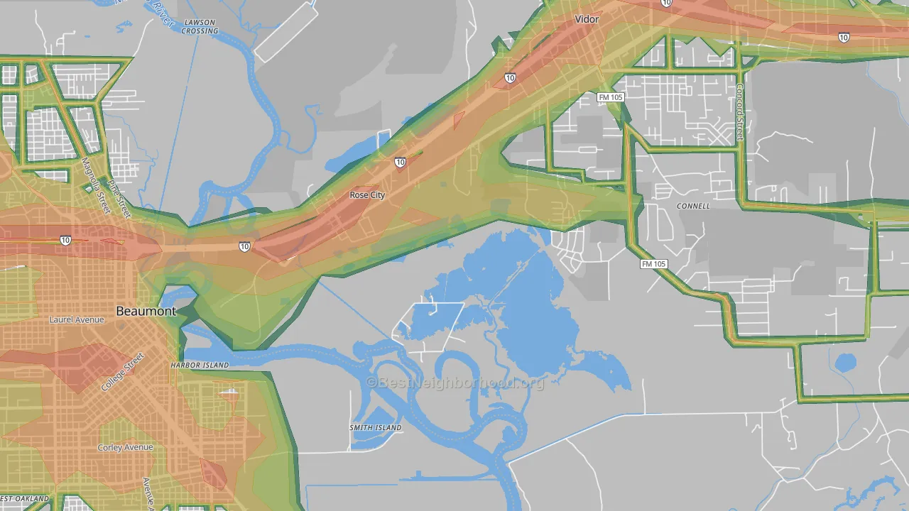Rose City, TX Map of Noise Levels in Rose City