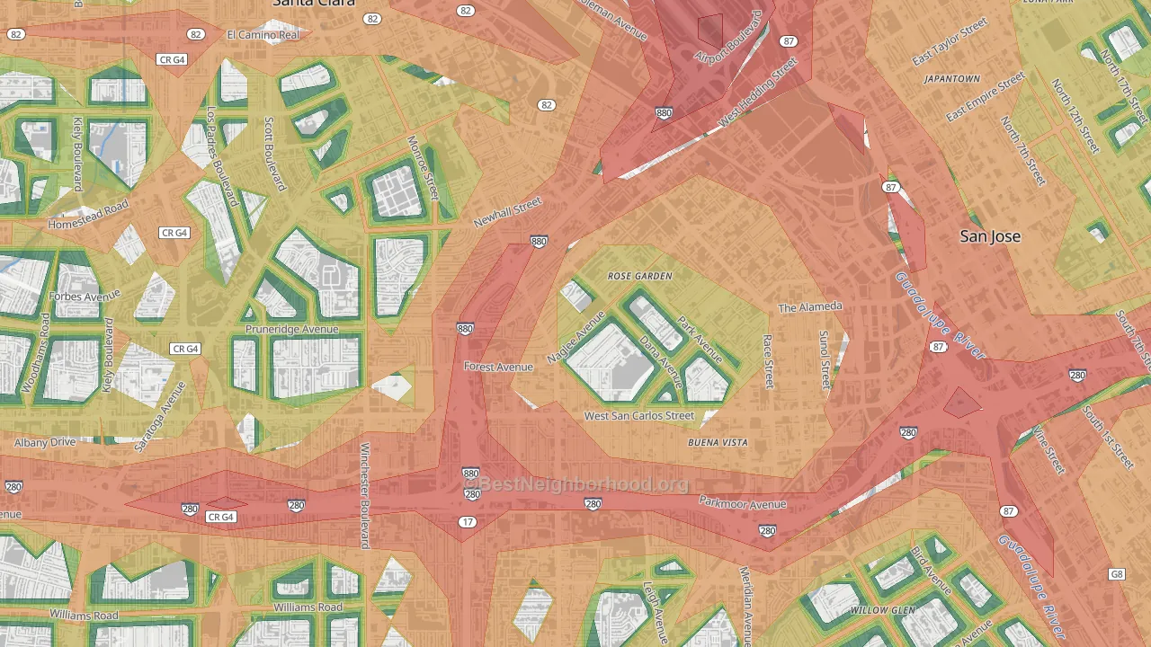 Rose Garden, San Jose, CA Map of Noise Levels in Rose Garden