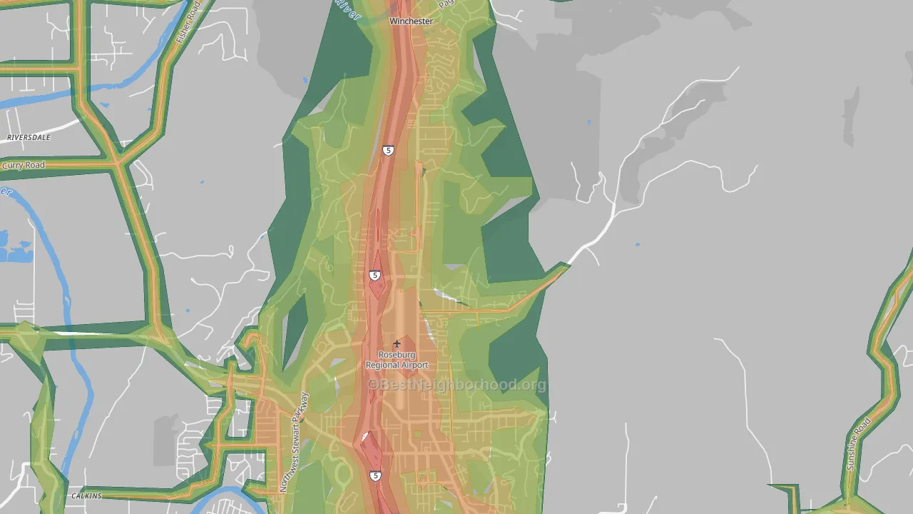 Roseburg North, OR Map of Noise Levels in Roseburg North