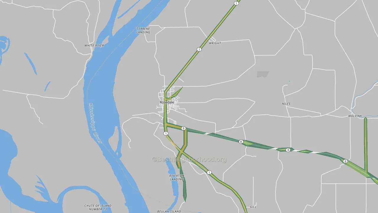 Rosedale, MS Map of Noise Levels in Rosedale