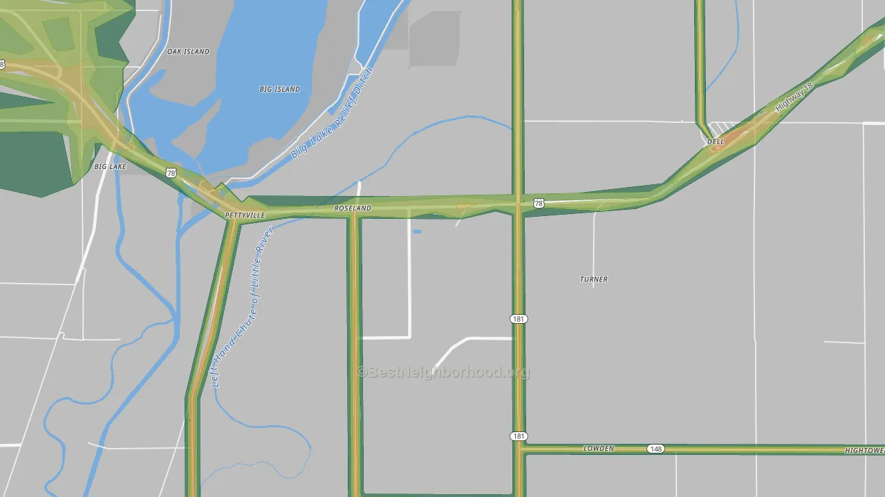 Roseland, AR Map of Noise Levels in Roseland