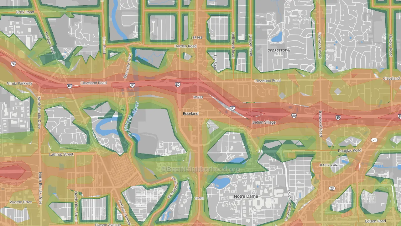 Roseland, IN Map of Noise Levels in Roseland
