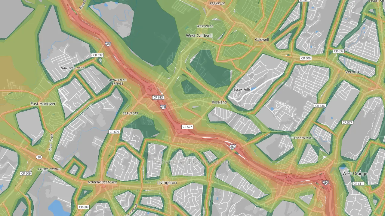 Roseland, NJ Map of Noise Levels in Roseland