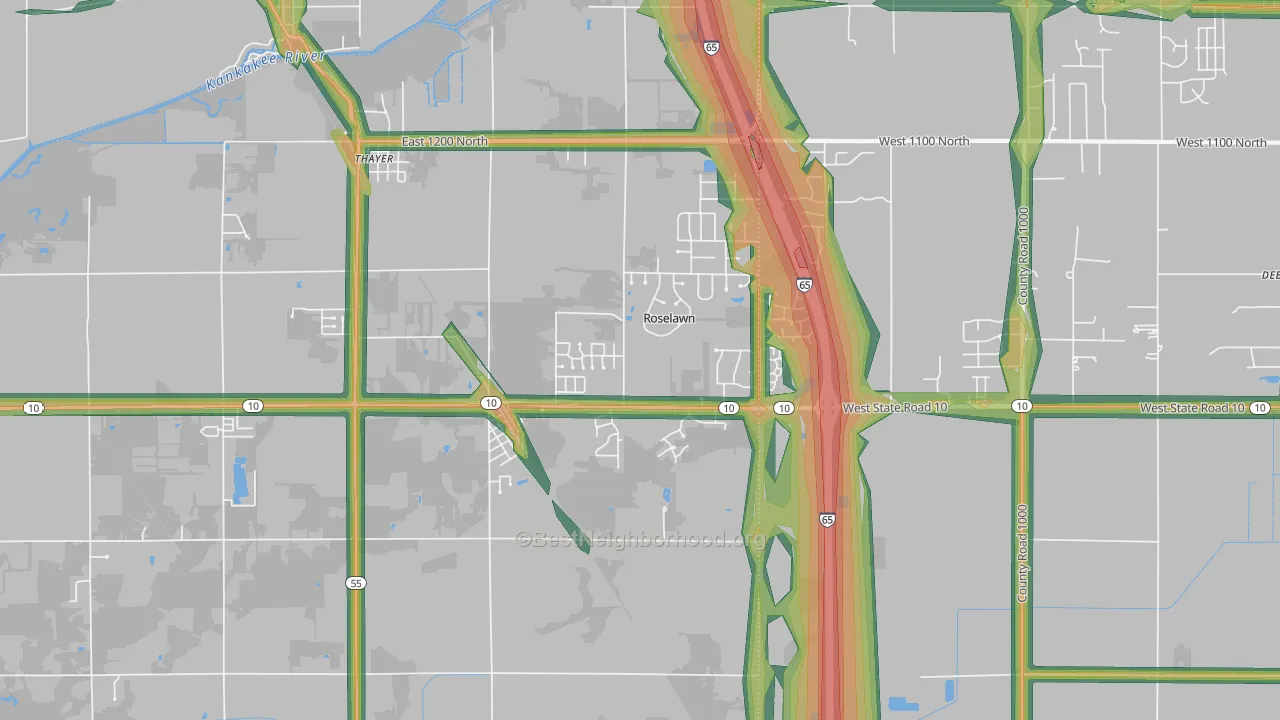 Roselawn, IN Map of Noise Levels in Roselawn