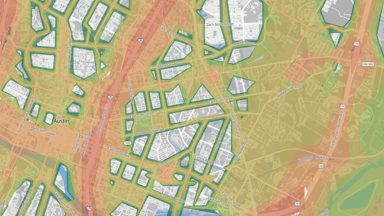 Rosewood, Austin, TX Map of Noise Levels in Rosewood