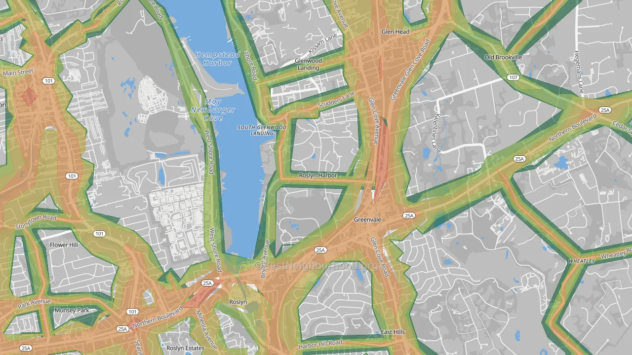 Roslyn Harbor, NY Map of Noise Levels in Roslyn Harbor