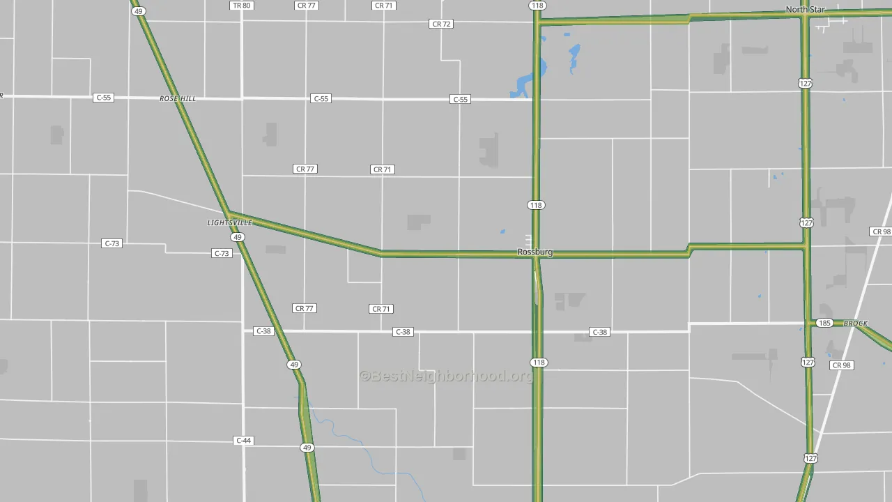 Rossburg, OH Map of Noise Levels in Rossburg