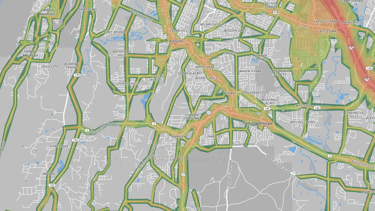Rossville, GA Map of Noise Levels in Rossville