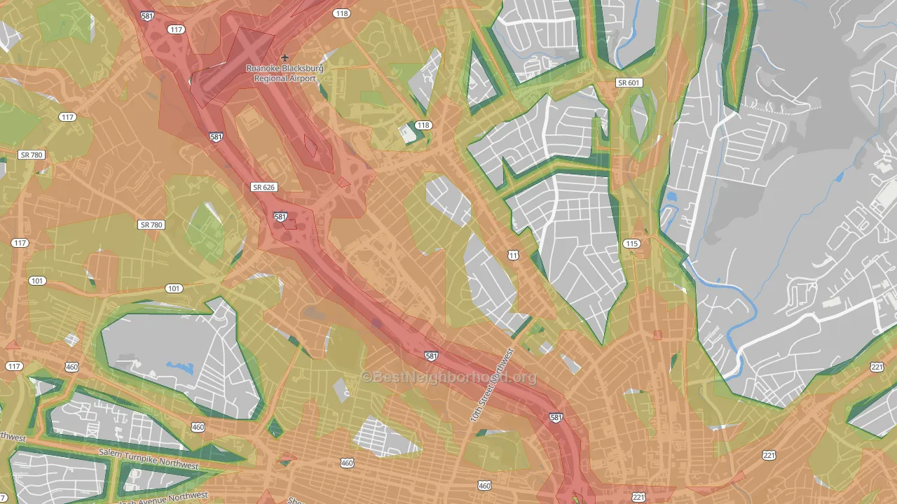 Roundhill, Roanoke, VA Map of Noise Levels in Roundhill