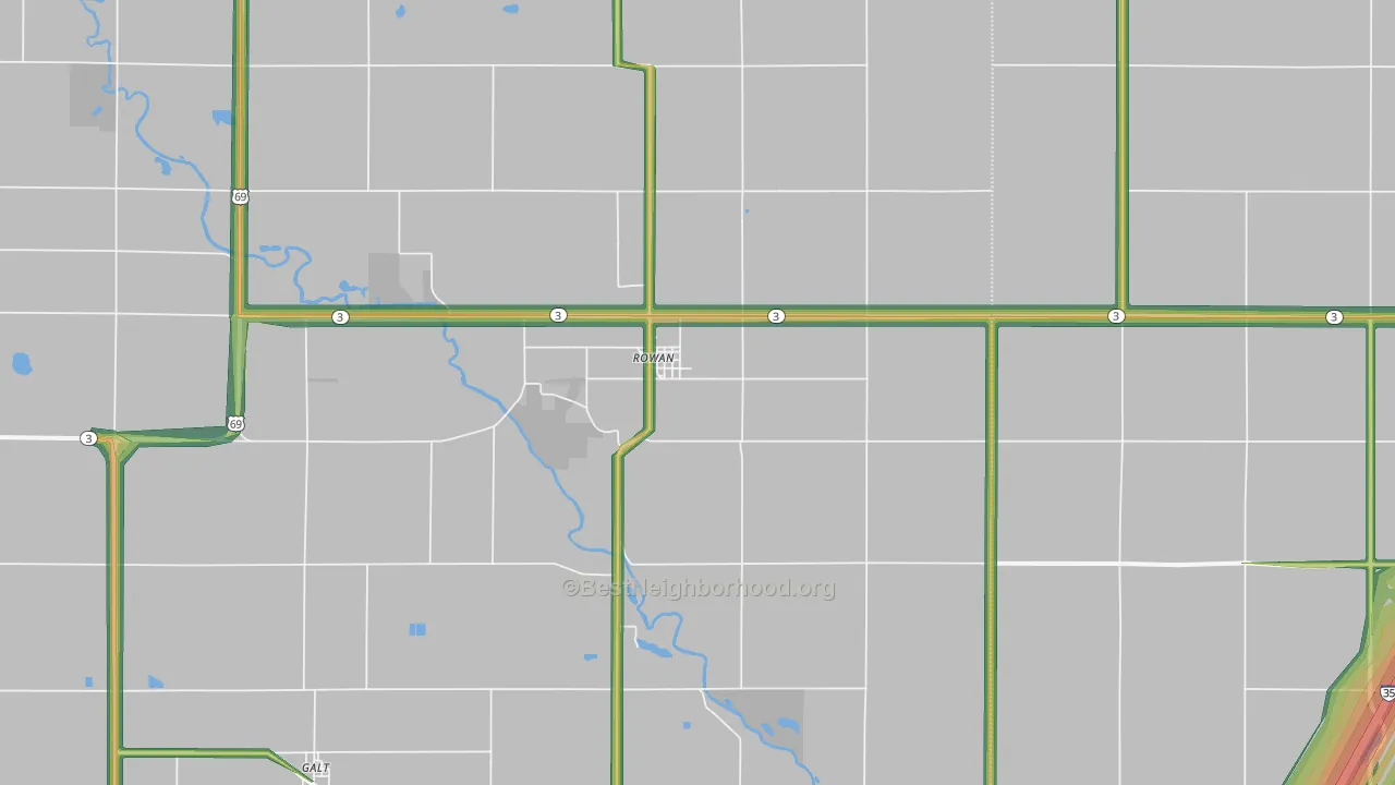 Rowan, IA Map of Noise Levels in Rowan
