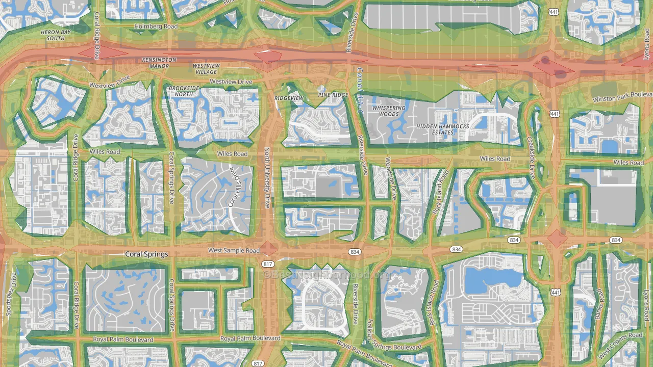 Royal Land, Coral Springs, FL Map of Noise Levels in Royal Land