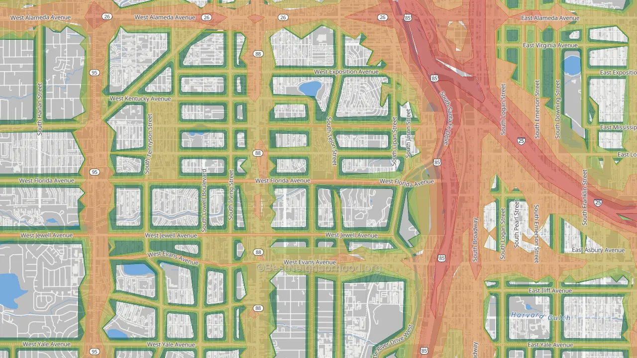 Ruby Hill, Denver, CO Map of Noise Levels in Ruby Hill