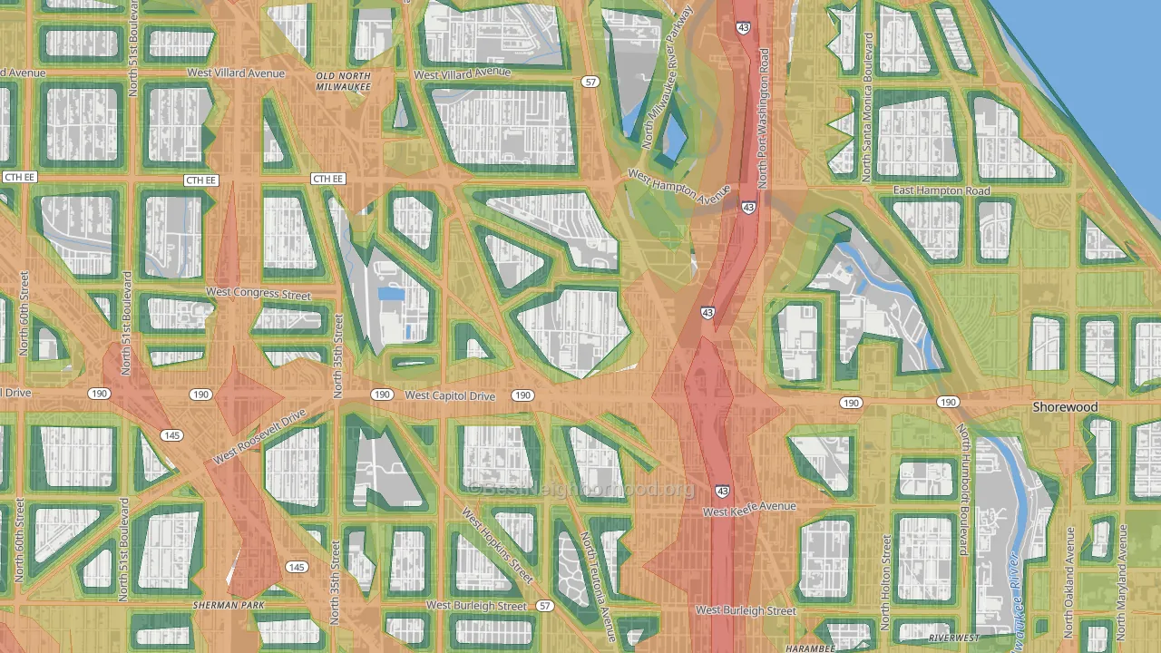 Rufus King, Milwaukee, WI Map of Noise Levels in Rufus King