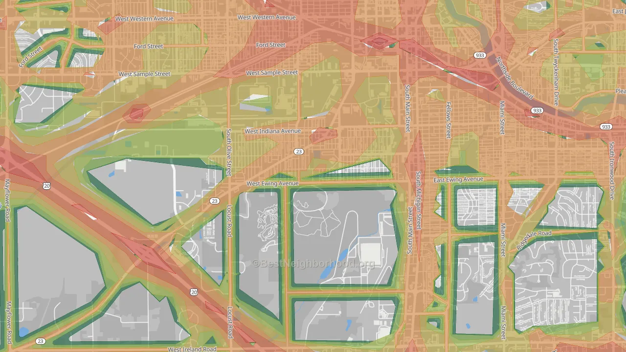 Rum Village, South Bend, IN Map of Noise Levels in Rum Village