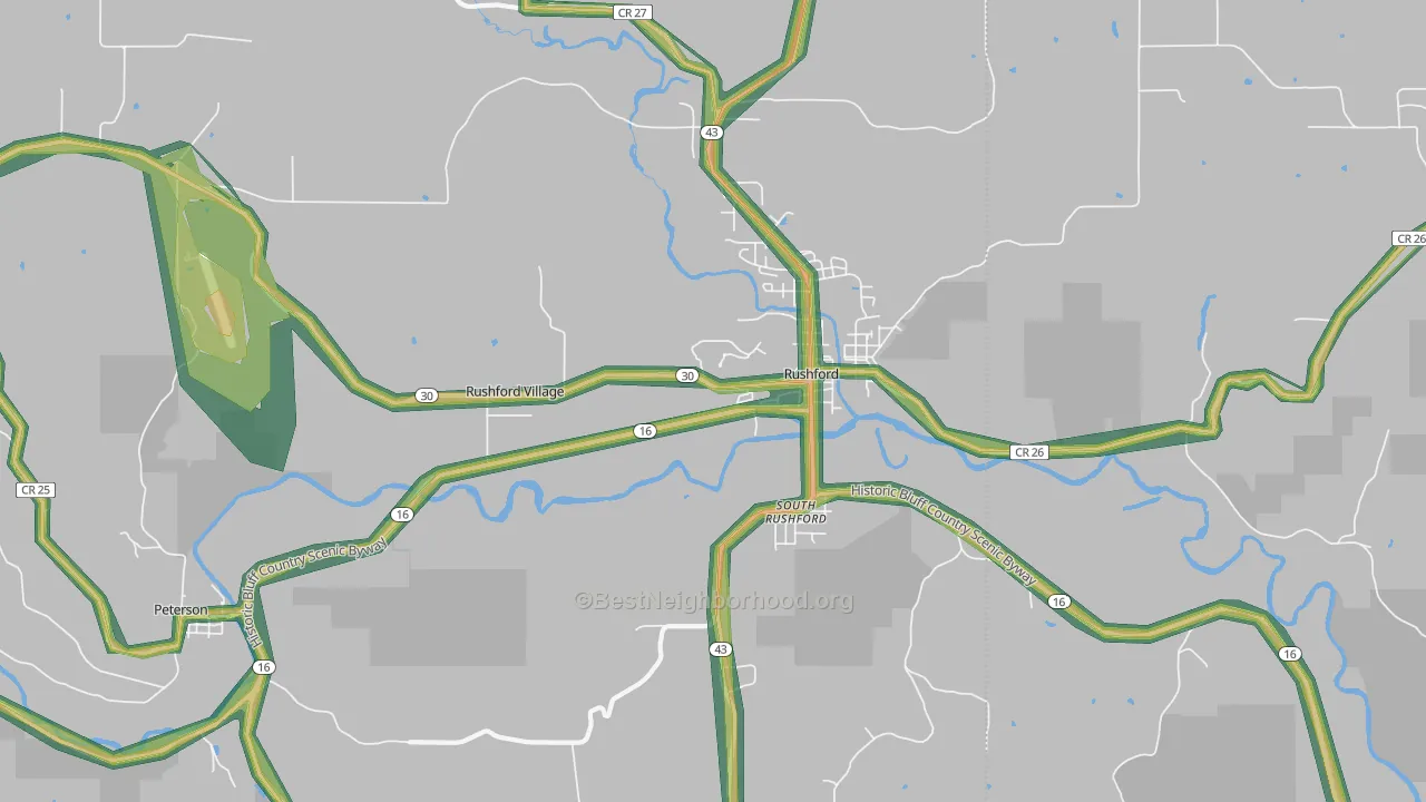 Rushford Village, MN Map of Noise Levels in Rushford Village