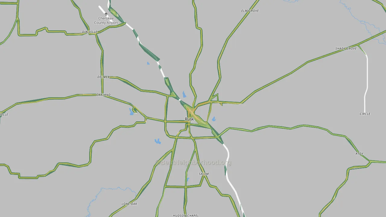 Rusk, TX Map of Noise Levels in Rusk