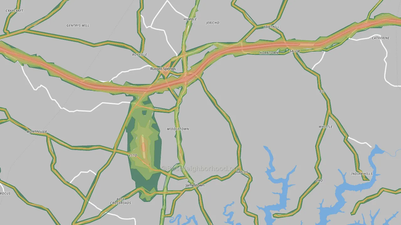 Russell County, KY Map of Noise Levels in Russell County