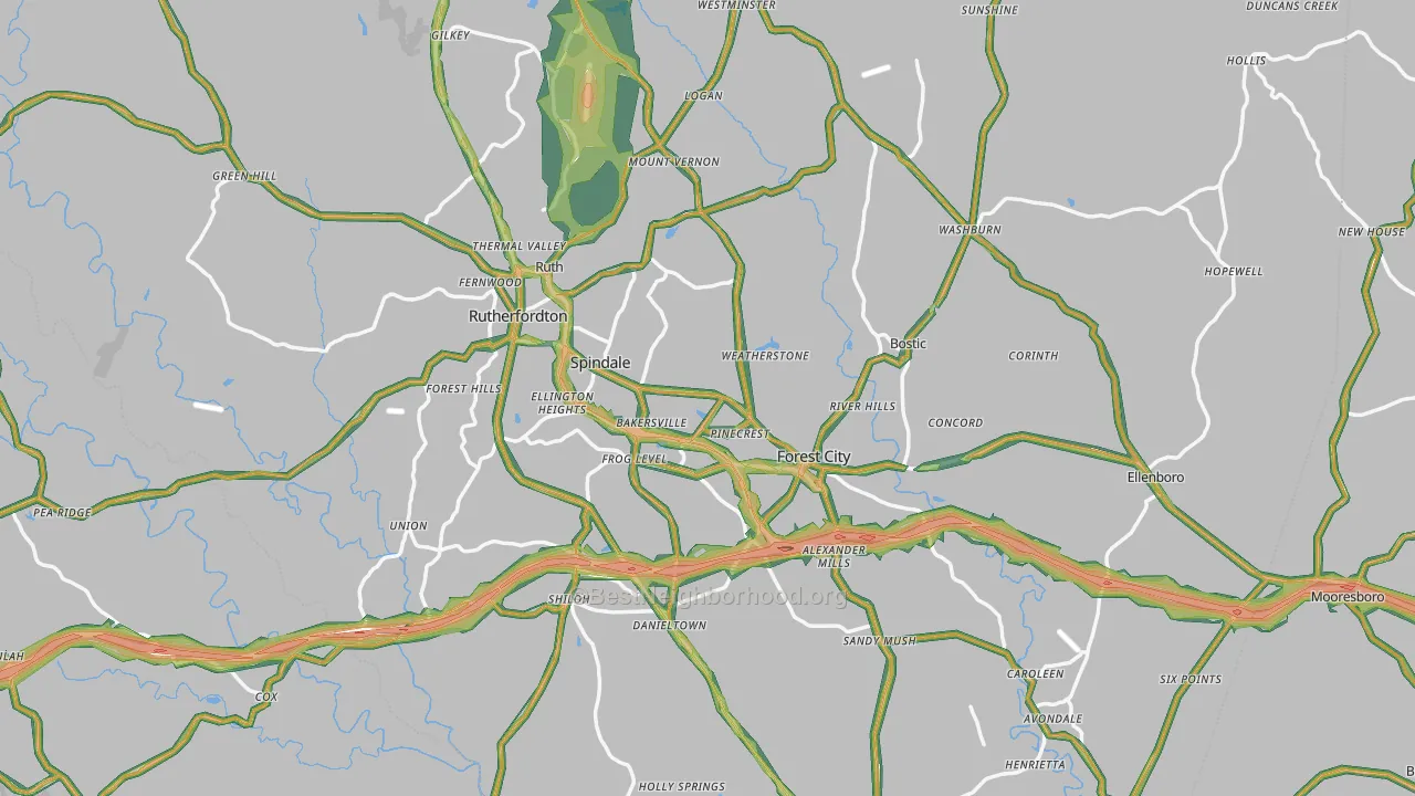 Rutherford County, NC Map of Noise Levels in Rutherford County