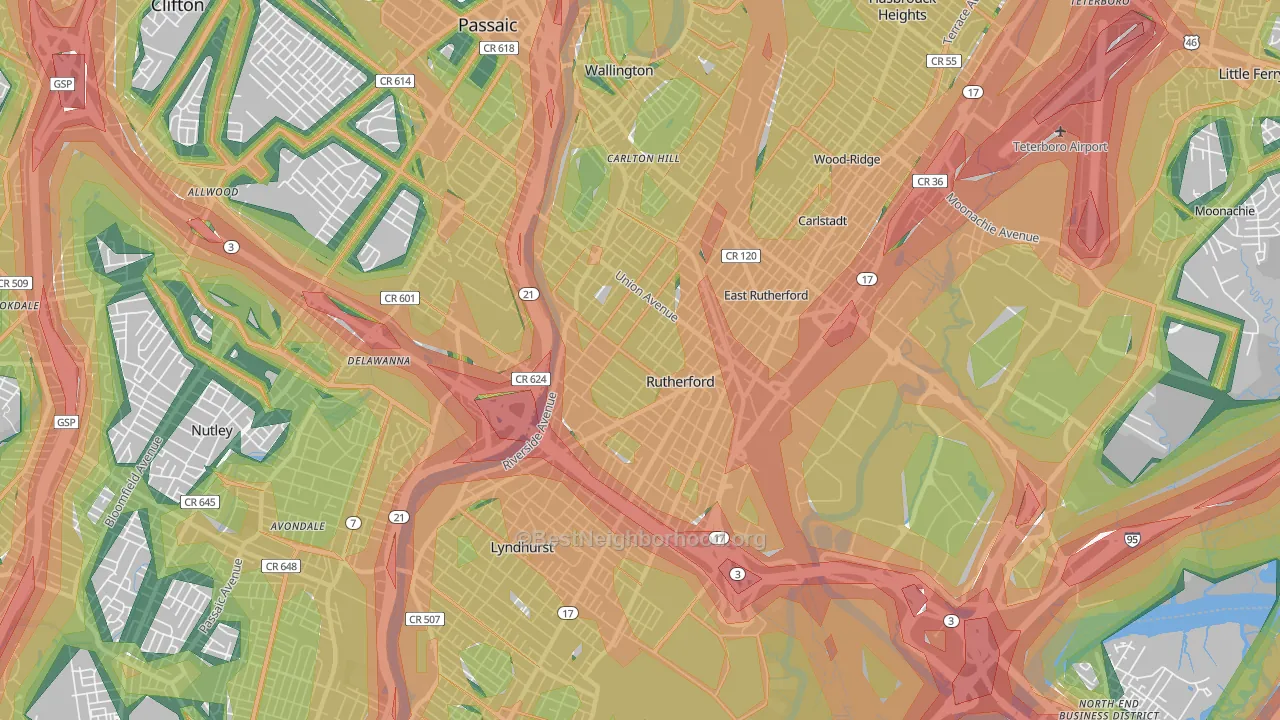 Rutherford, NJ Map of Noise Levels in Rutherford
