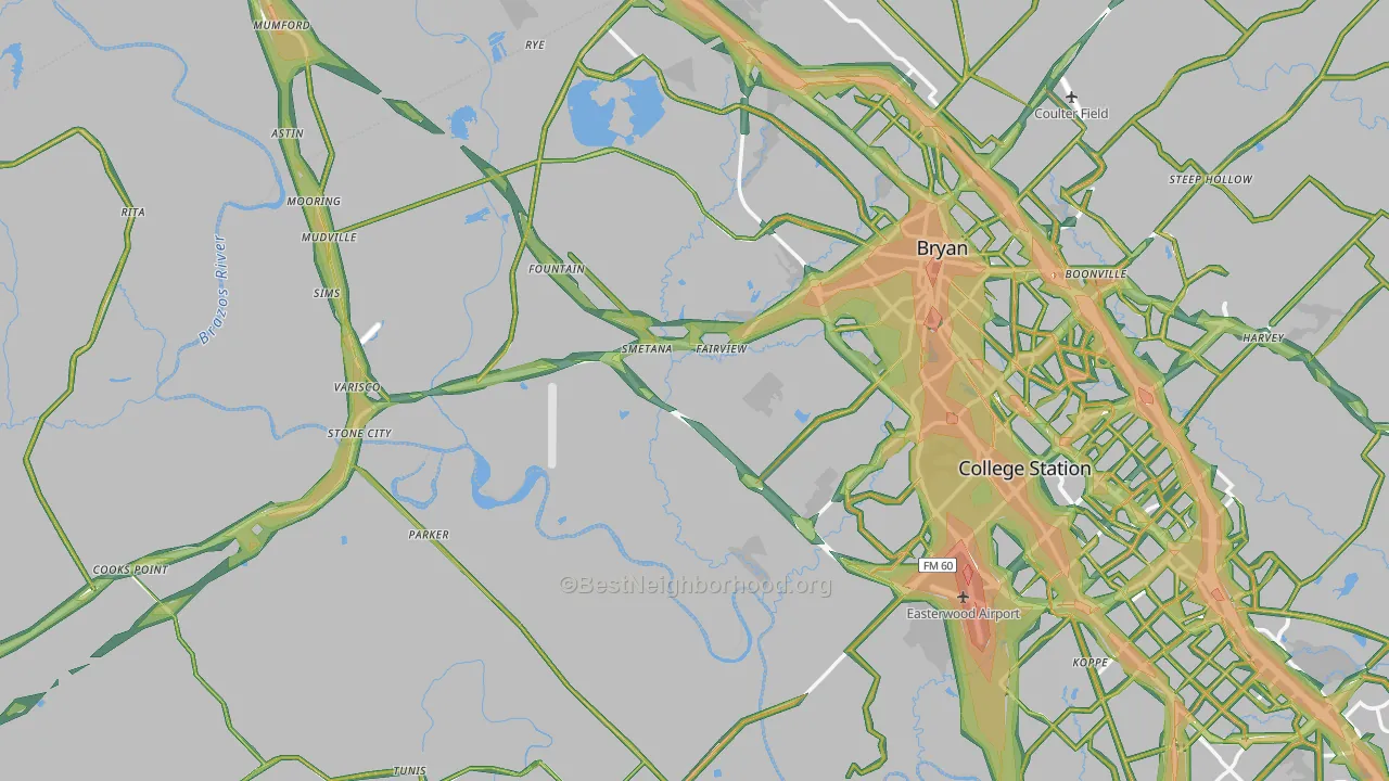 Rye, TX Map of Noise Levels in Rye