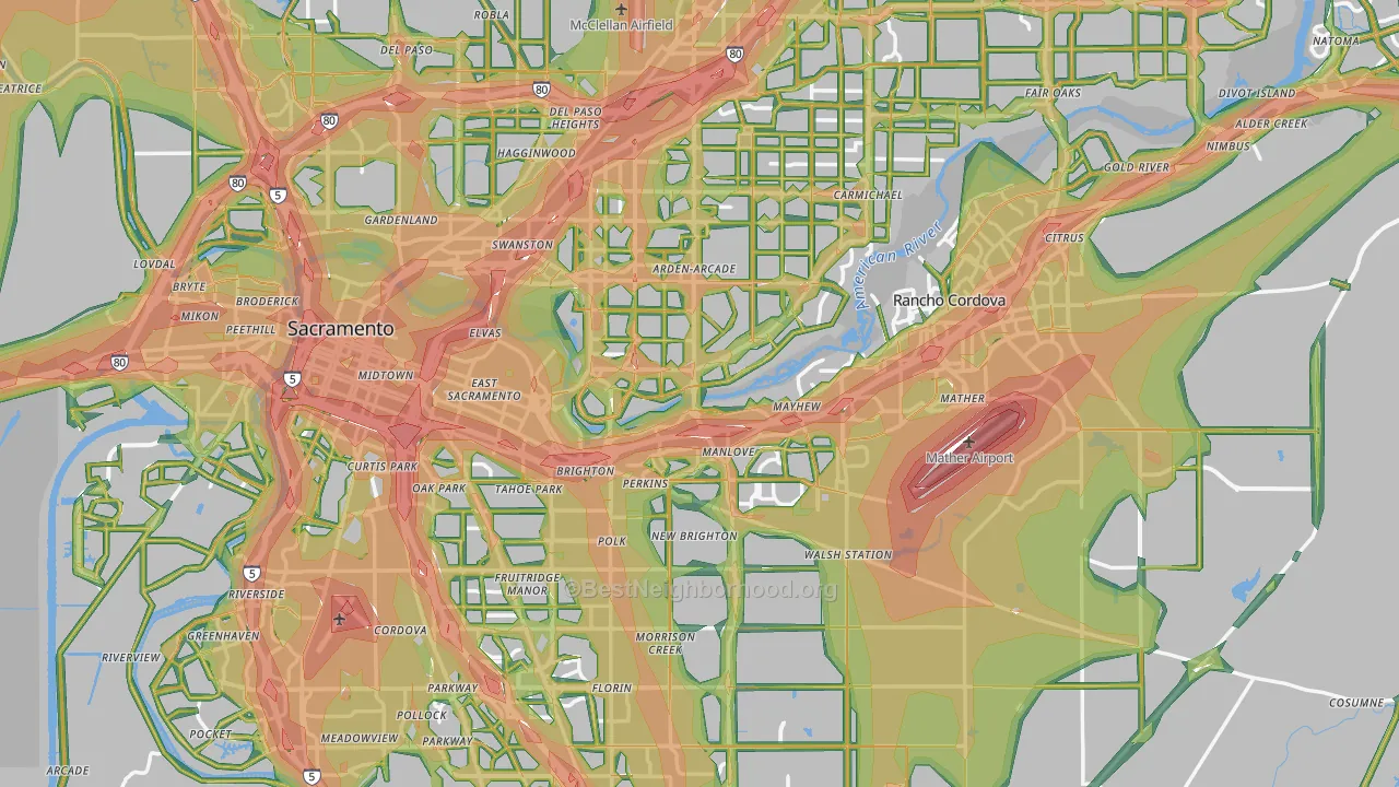 Sacramento County, CA Map of Noise Levels in Sacramento County