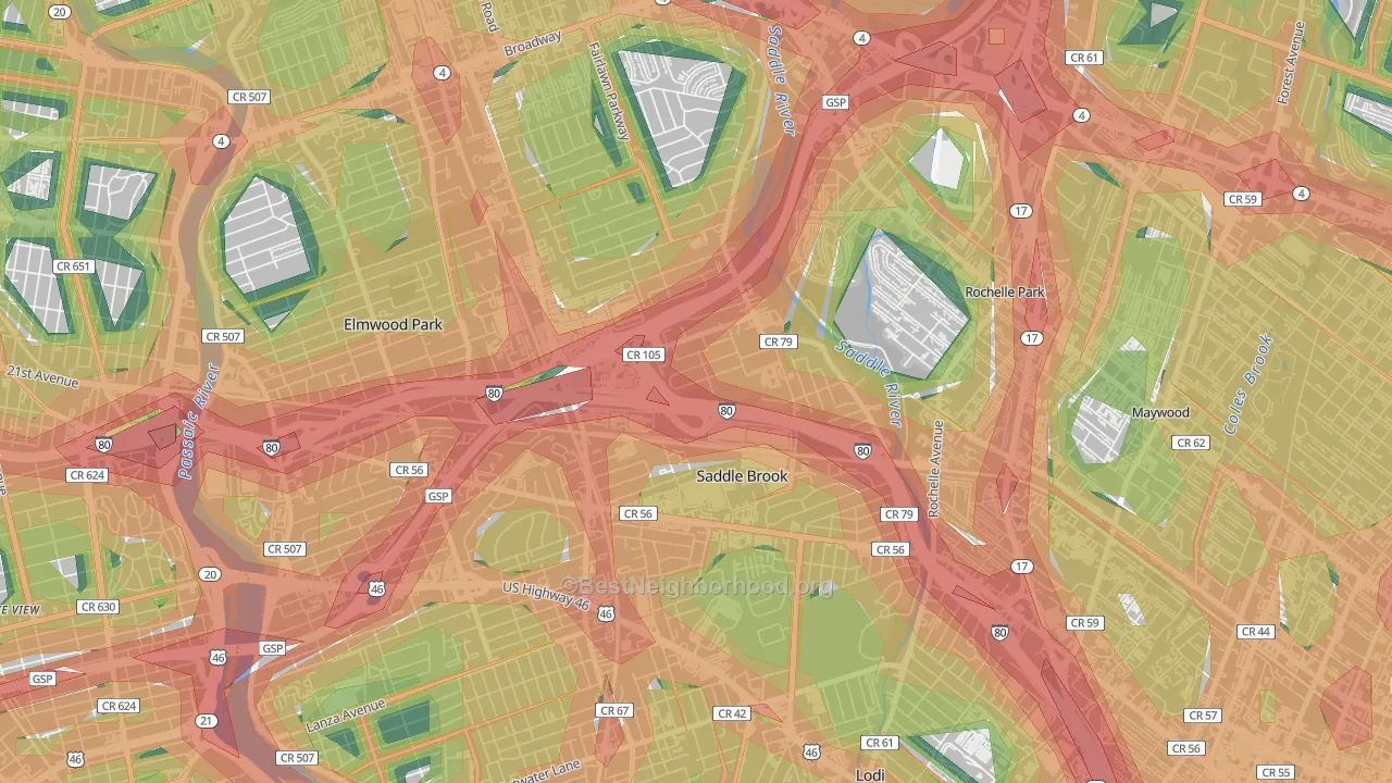 Saddle Brook, NJ Map of Noise Levels in Saddle Brook