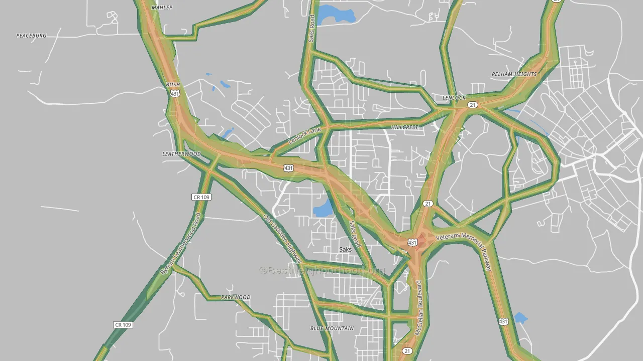 Saks, AL Map of Noise Levels in Saks