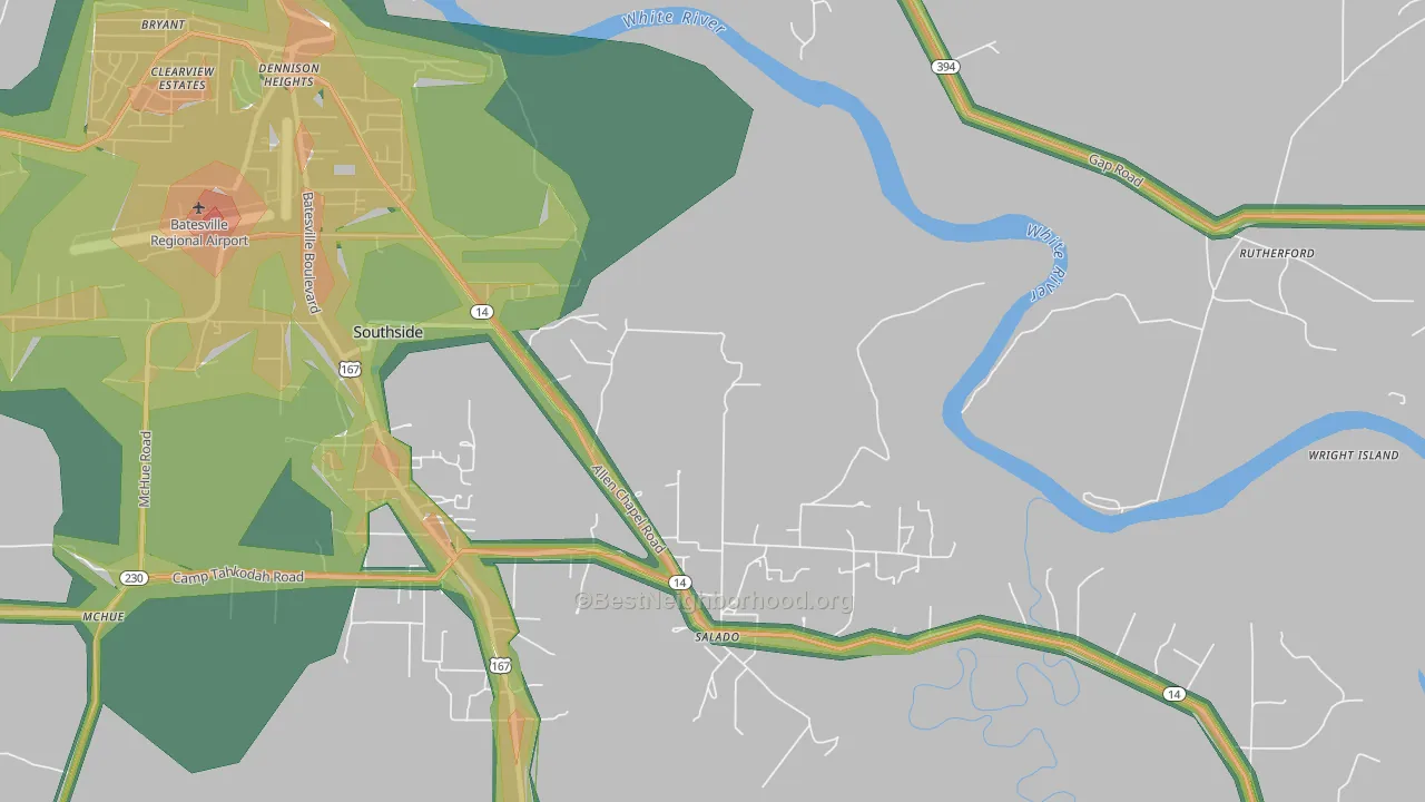 Salado, AR Map of Noise Levels in Salado