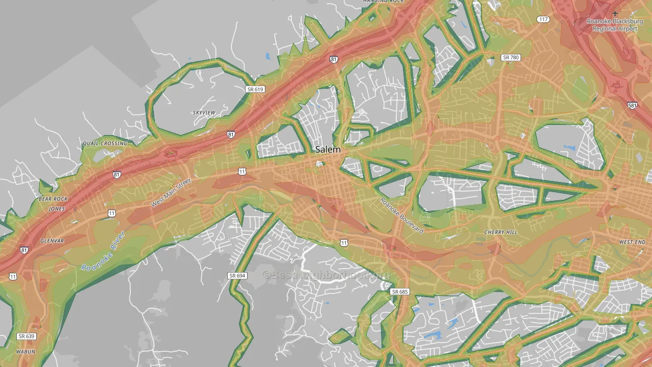 Salem City, VA Map of Noise Levels in Salem City